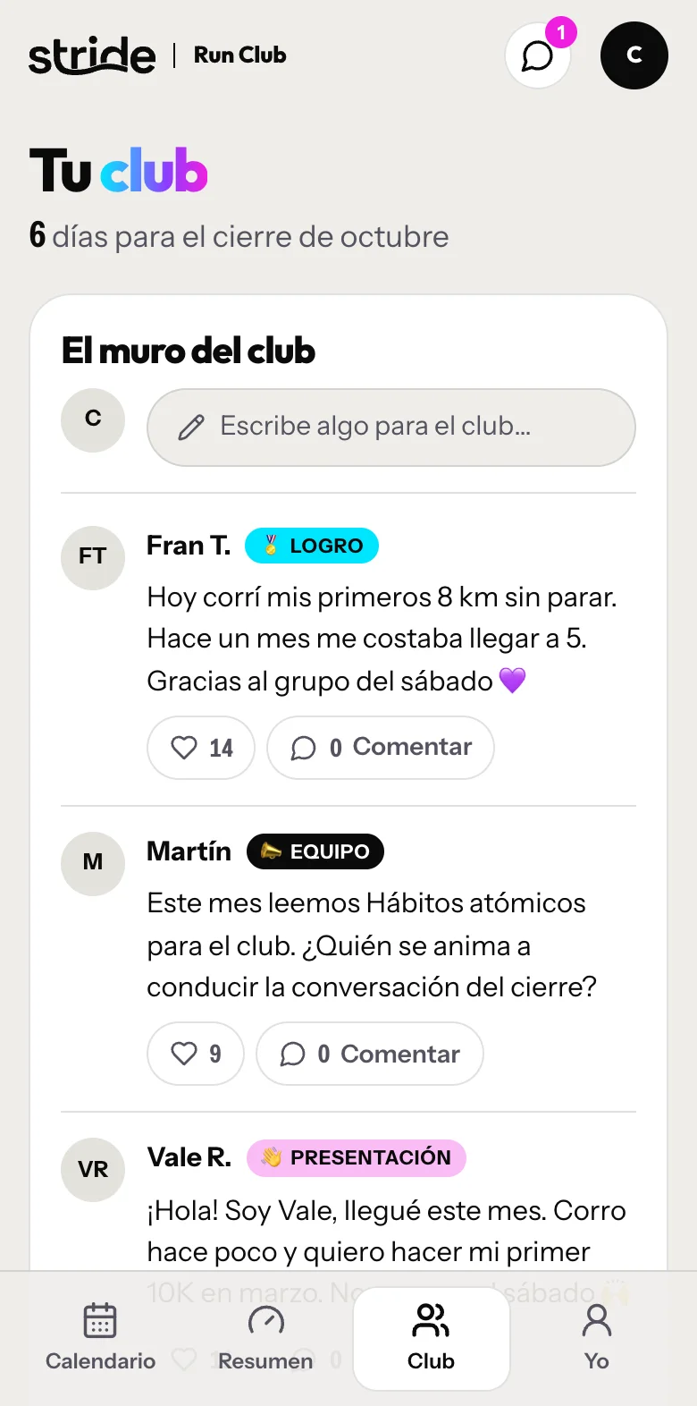 Pantalla de Tu club del área de miembros