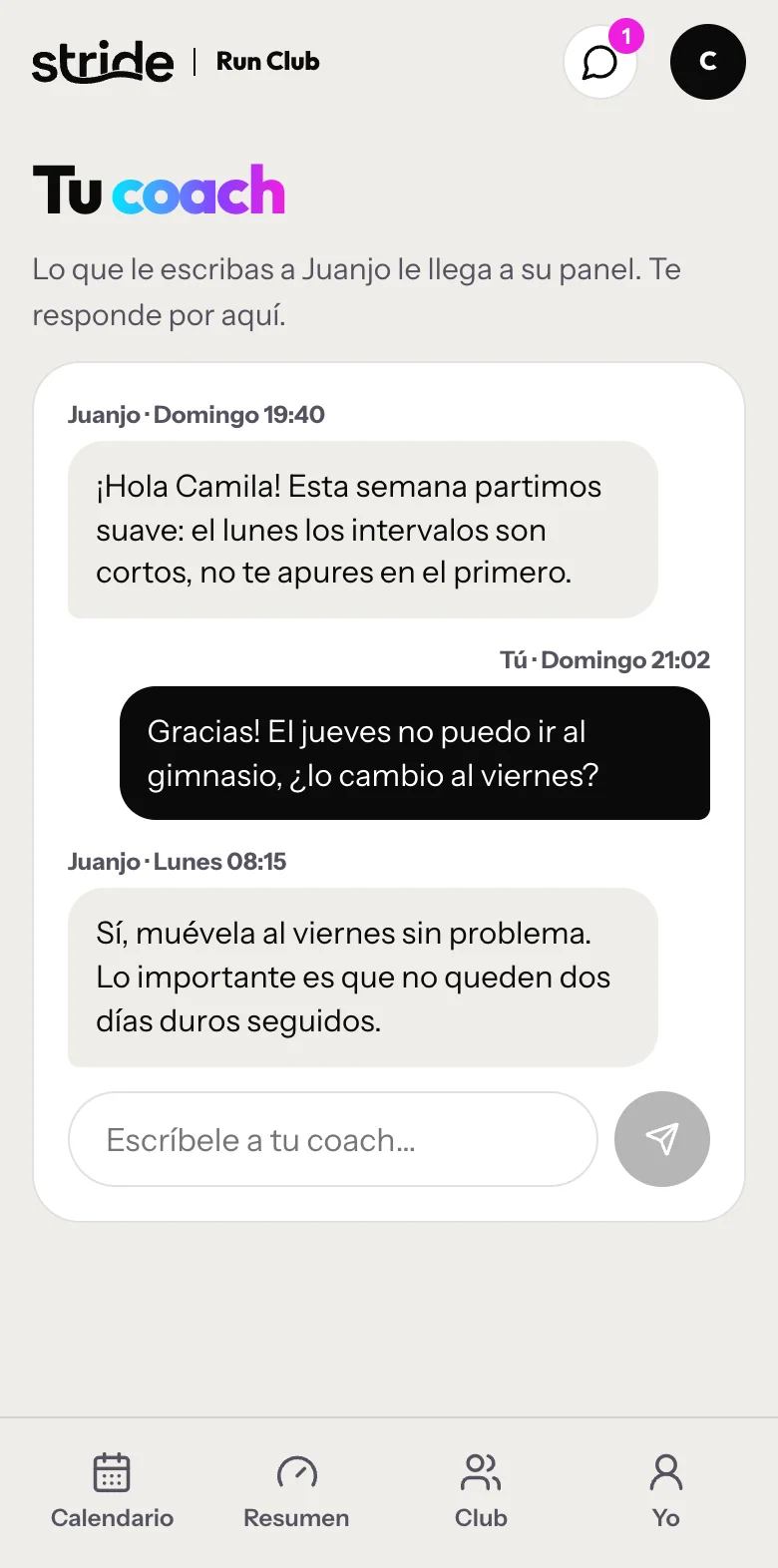 Pantalla de Tu coach del área de miembros