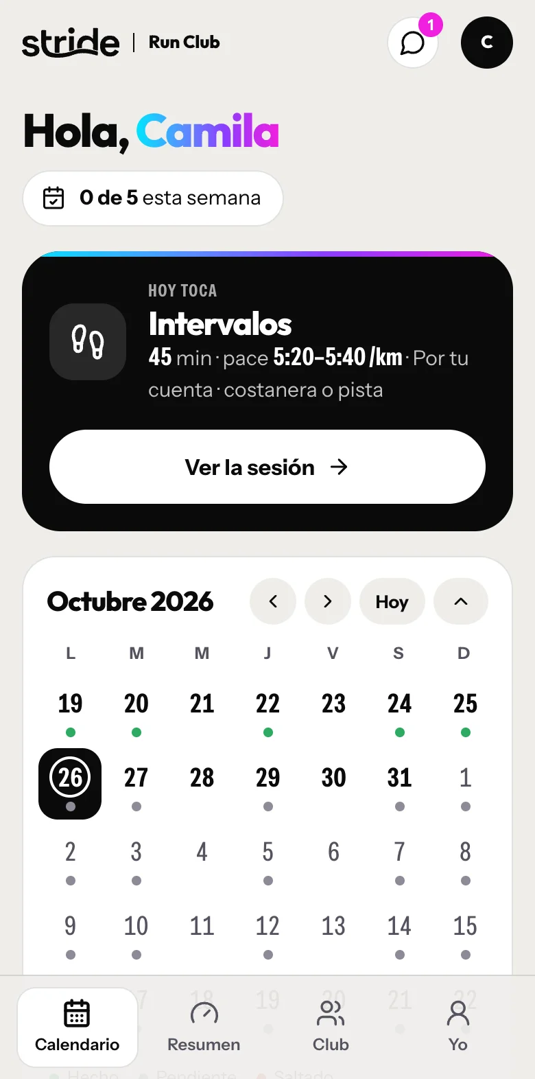 Pantalla de Tu calendario del área de miembros